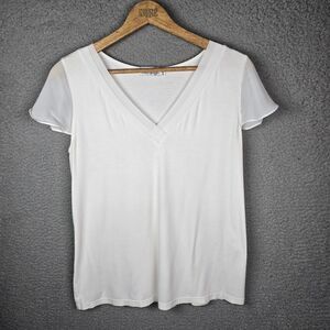 Blouse Top Tee S White V-Neck Sheer Short Cap Flutter Sleeve Pullover Relaxed